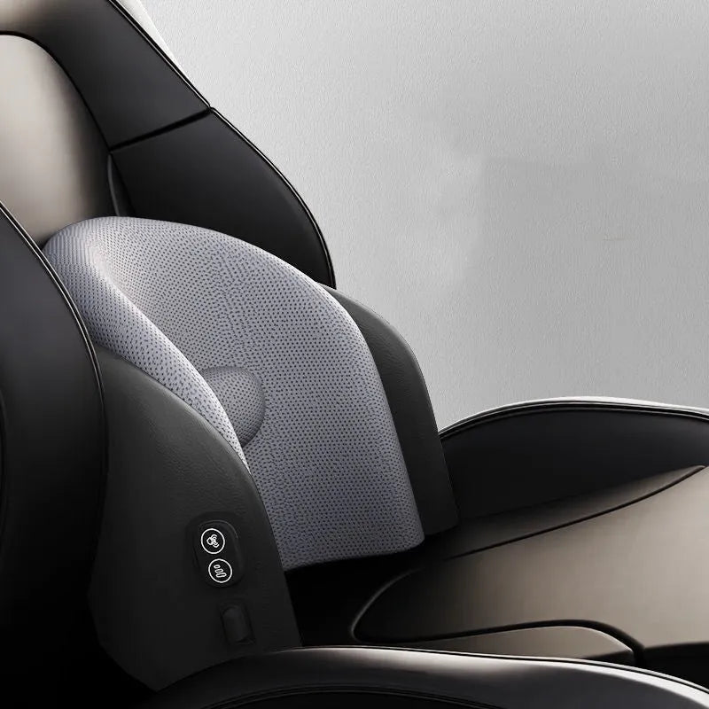 Car massage cushion with memory cotton in classic black colour showing headrest and lumbar support components
