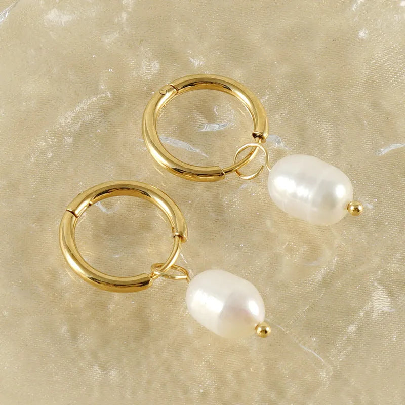 Geometric gold stainless steel earrings with pearl accents for women