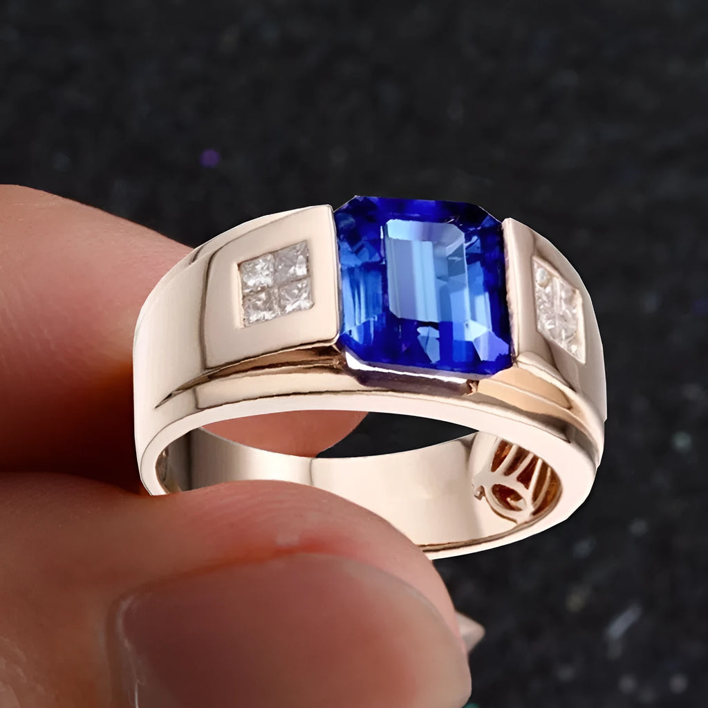 Sapphire retro crystal alloy ring in rose gold with antique finish and geometric irregular shape on white background