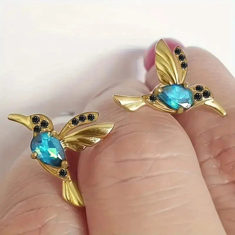 Long drop bird-themed earrings for women with mixed zirconium wings, in red, blue or red lvzuan finish.
