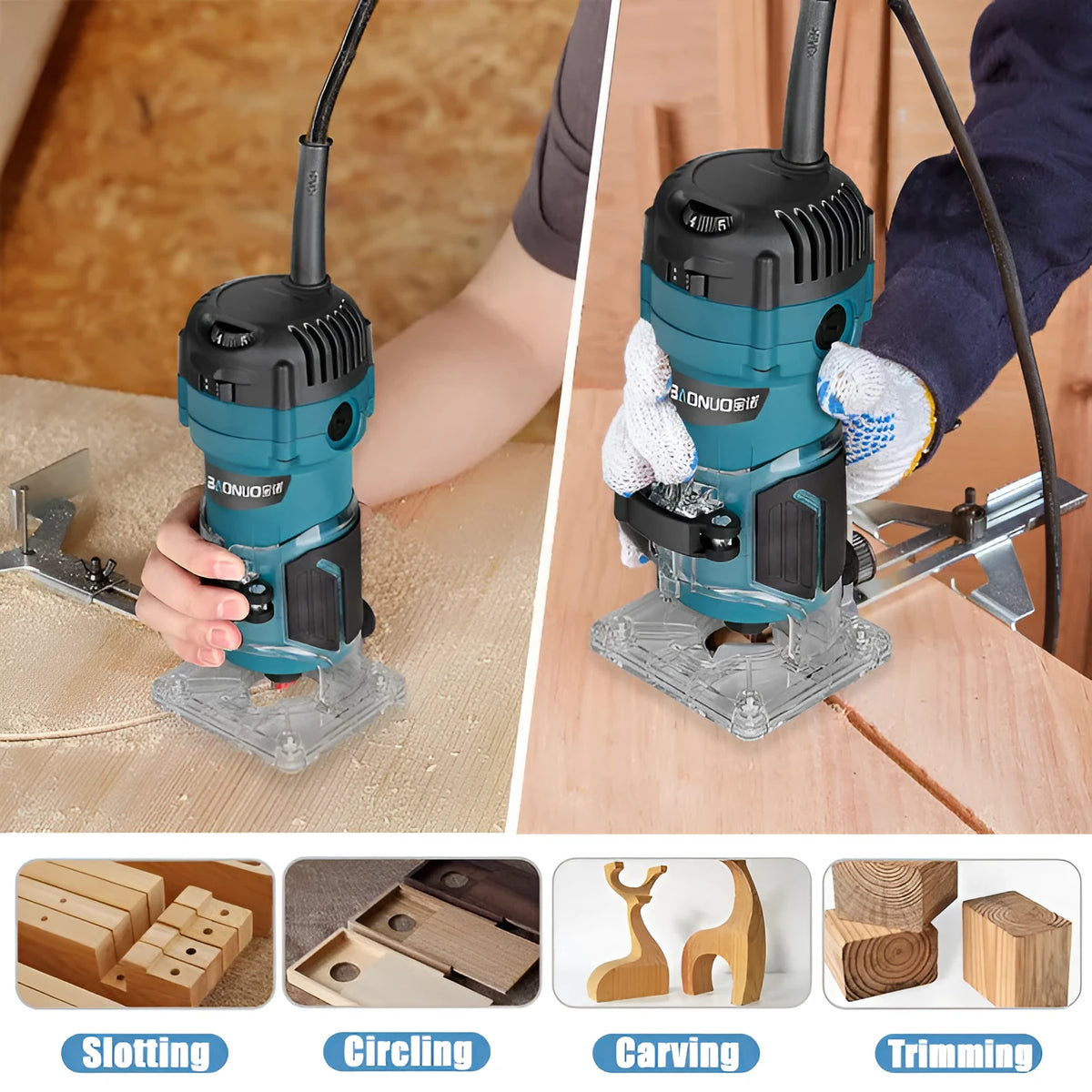 Electric router slotting machine with plastic body and 15 milling cutters for woodworking engraving
