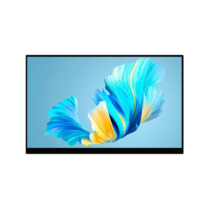 Black portable monitor with 1920x1080 IPS display showing a media scene, with touch screen option available