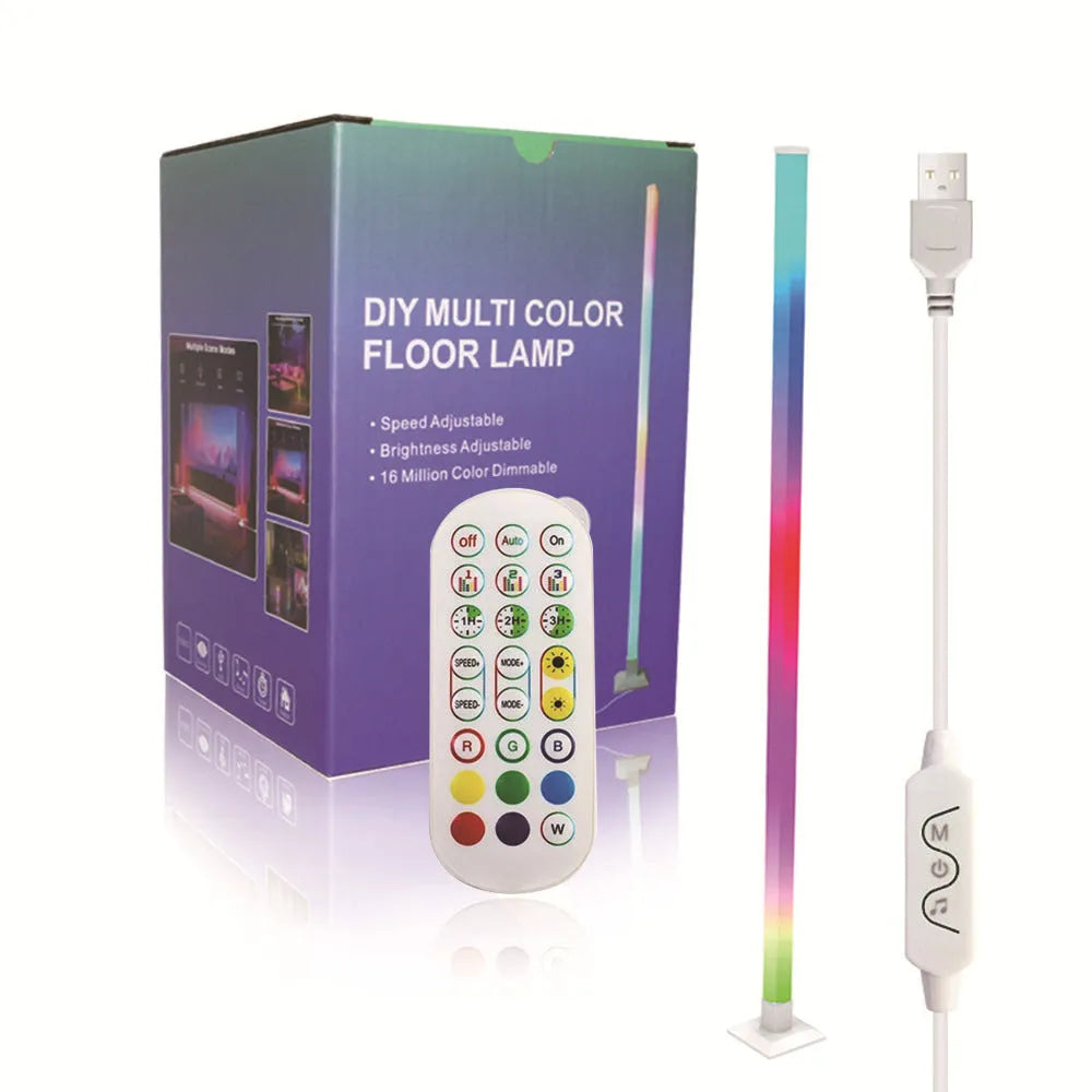 Corner floor colour-changing LED lamp with remote control in a modern simple style, 120cm length