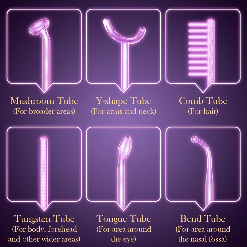 Purple high wave electrotherapy rod beauty instrument with six accessory heads and multi-standard plugs