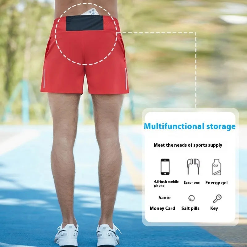 Men's red off-road running shorts with a high waist and loose fit, shown for marathon and cross-country running.
