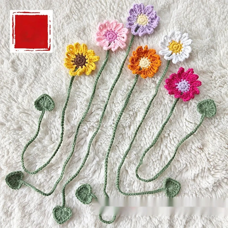 Hand-crocheted daisy bookmark with flexible wire frame in yellow colour option