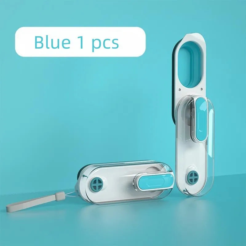 Portable blue dog water bottle with a foldable silicone drinking bowl and carabiner clip