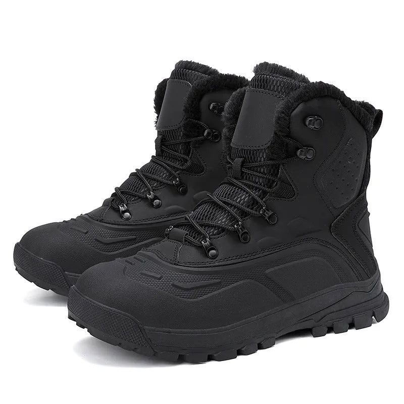 Men's black high-top boots with fleece lining and lace-up front, shown on a ribbed sole.