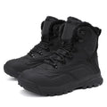 Men's black high-top boots with fleece lining and lace-up front, shown on a ribbed sole.