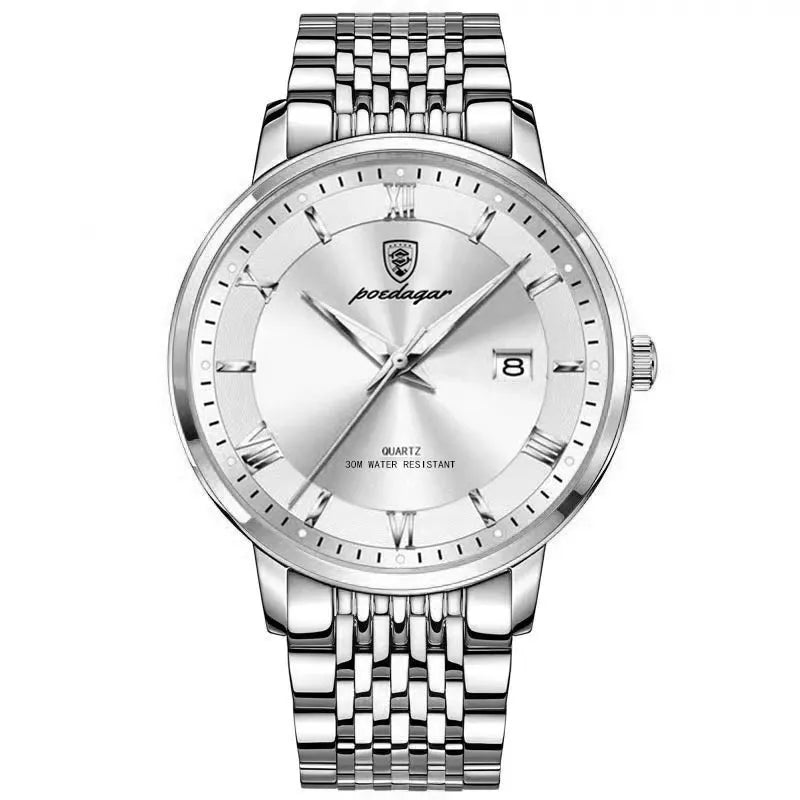 Men's quartz watch with waterproof luminous display and calendar, 41mm precision steel case, mineral reinforced mirror