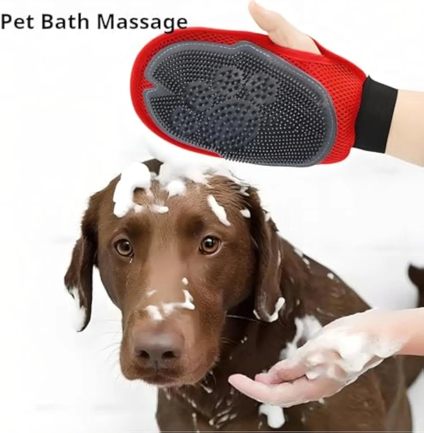 Red pet bathing glove grooming mitt with integrated cleaning brush tool for dog cat washing