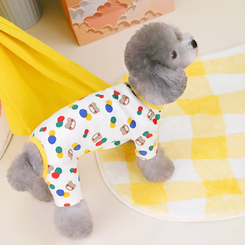 Beige dog clothing with colourful ball bear print, cotton spandex casual pet clothes