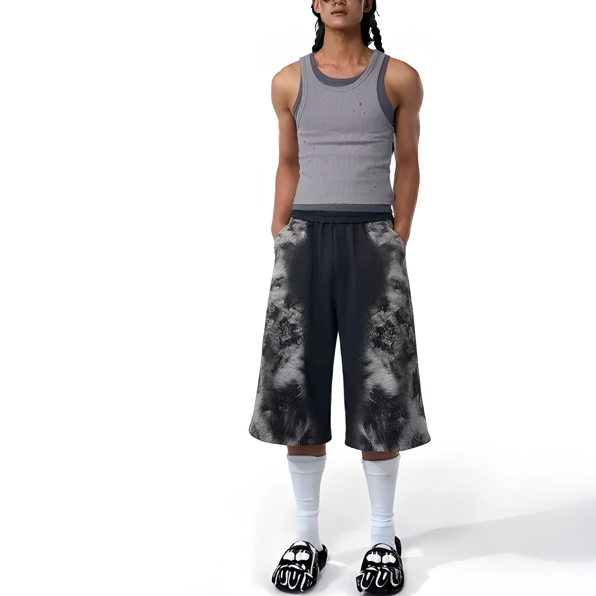 Men's street fashion loose trousers set with printed pattern, matching hoodie and seven-inch shorts bundle