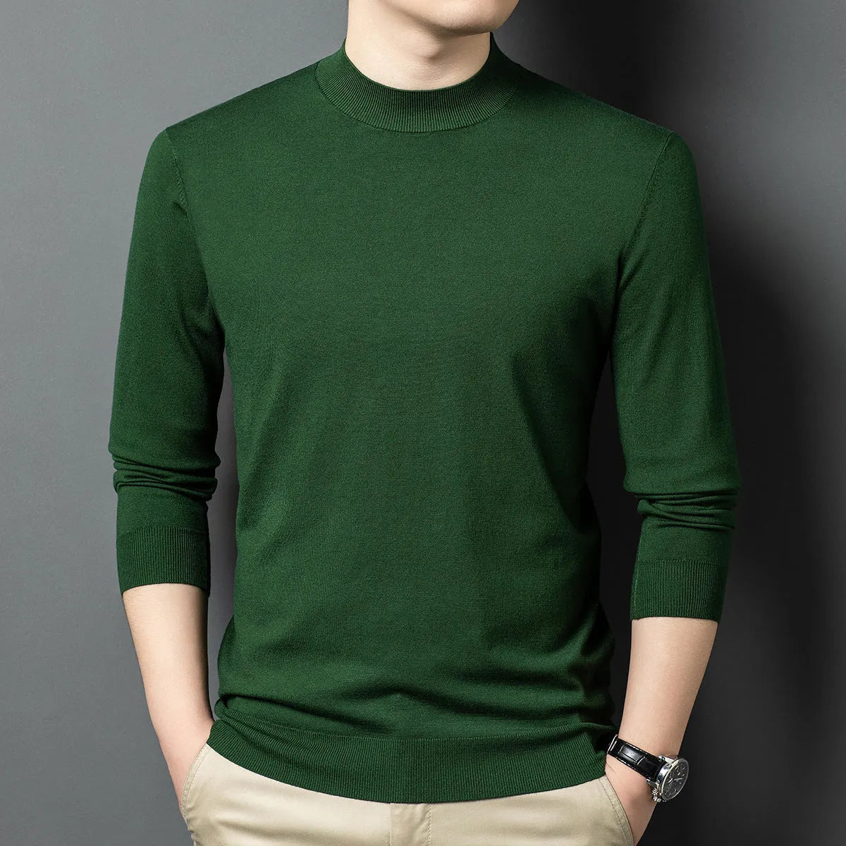Men's round neck long sleeve sweater in wool and mulberry silk, shown in a choice of colours for winter.
