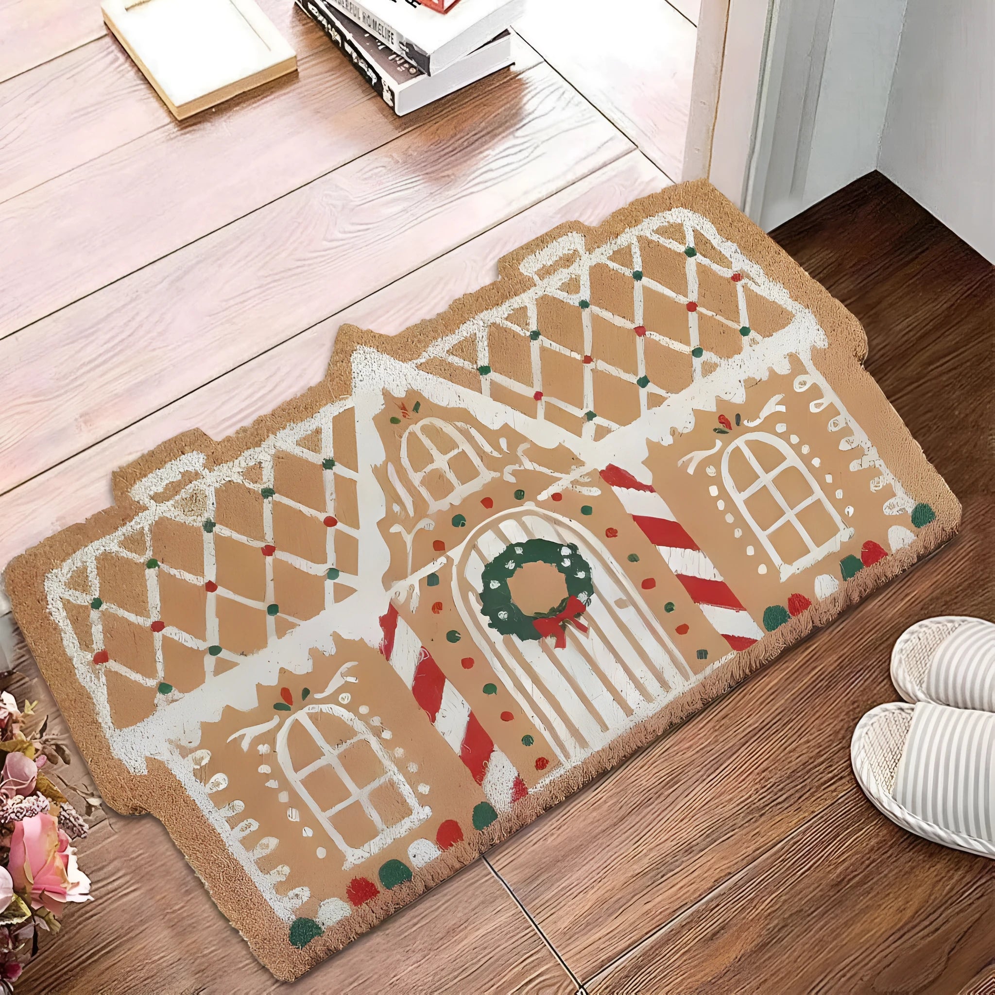 Christmas hallway mat with irregular shape and festive printed designs including Santa Claus pattern