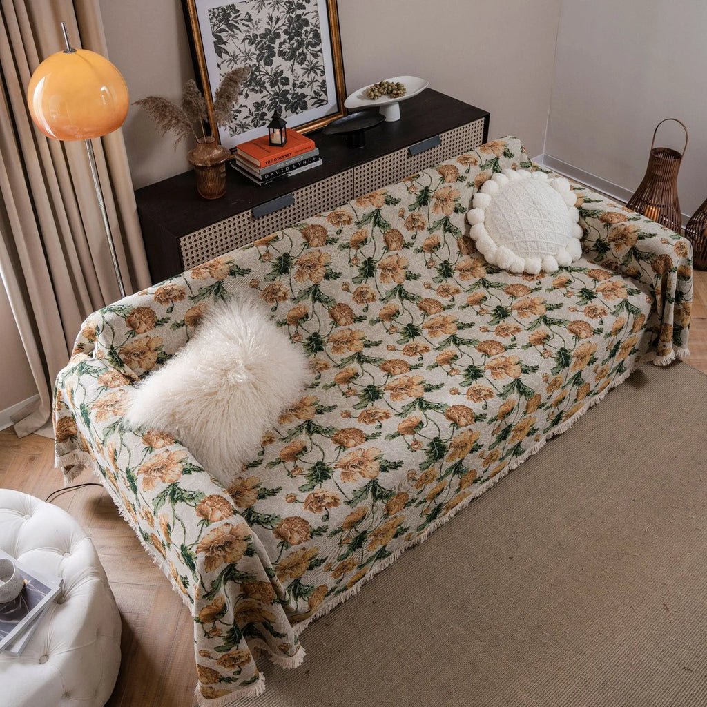 American country jacquard floral sofa cover in cherry white beard colour on a living room sofa
