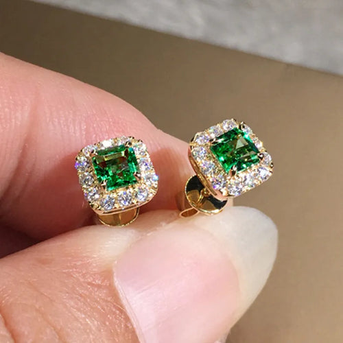 Square zircon earrings with bright grandmother green colour and electroplated copper construction