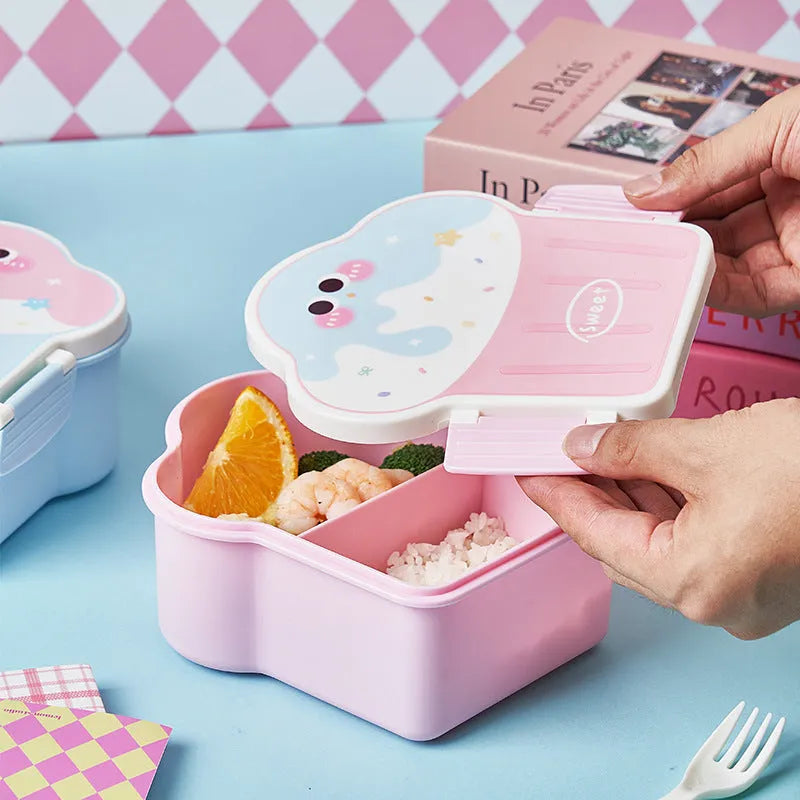 Pink and blue ice cream shaped plastic lunch box with compartments and included utensils