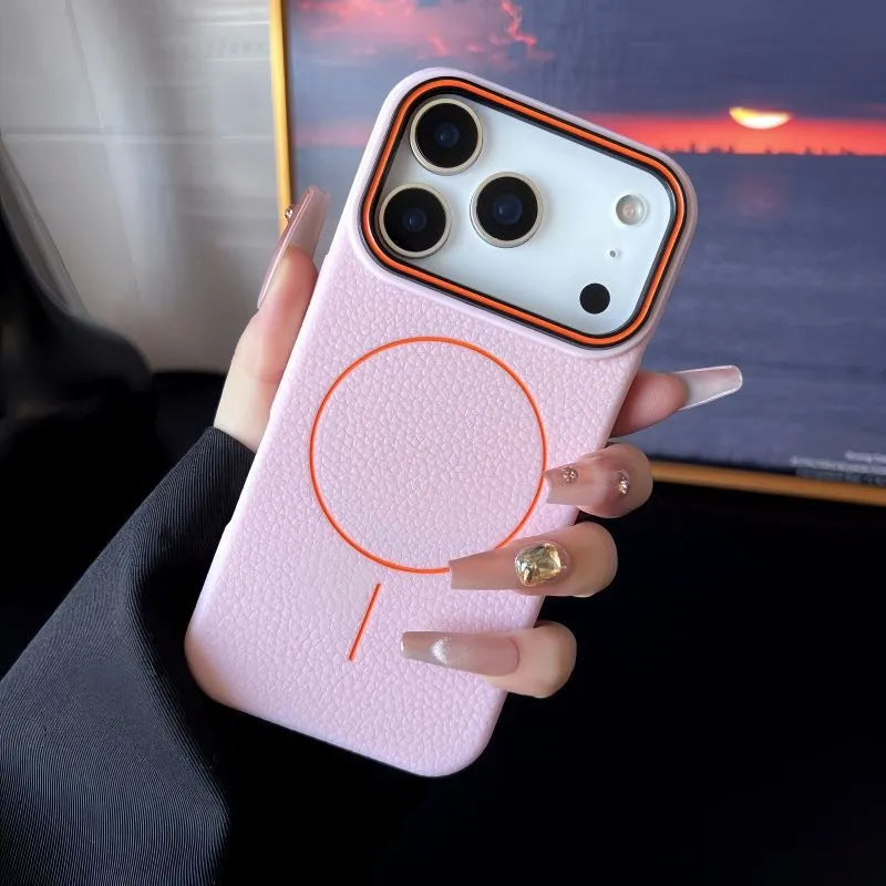 TPU magnetic phone case with litchi pattern texture in black, showing shockproof full-coverage fit for iPhone