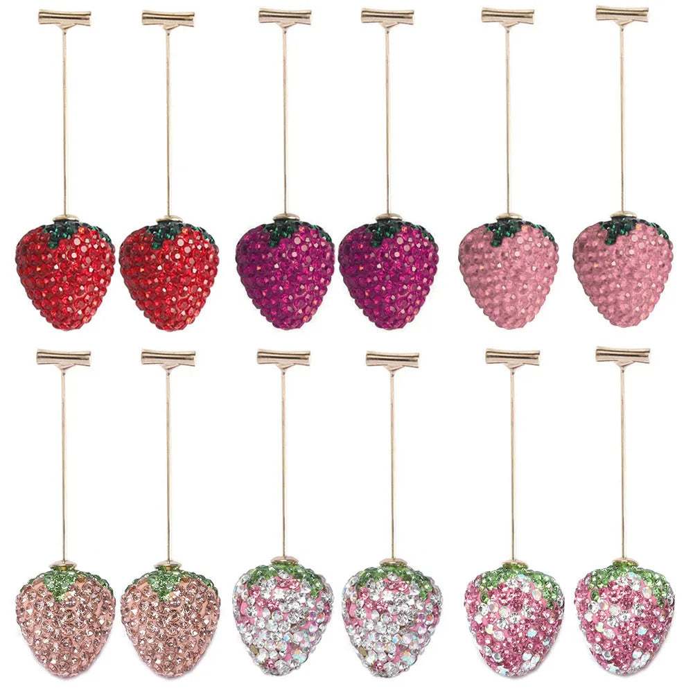 Pair of women's geometric strawberry charm earrings in zinc alloy, spot drill red finish.