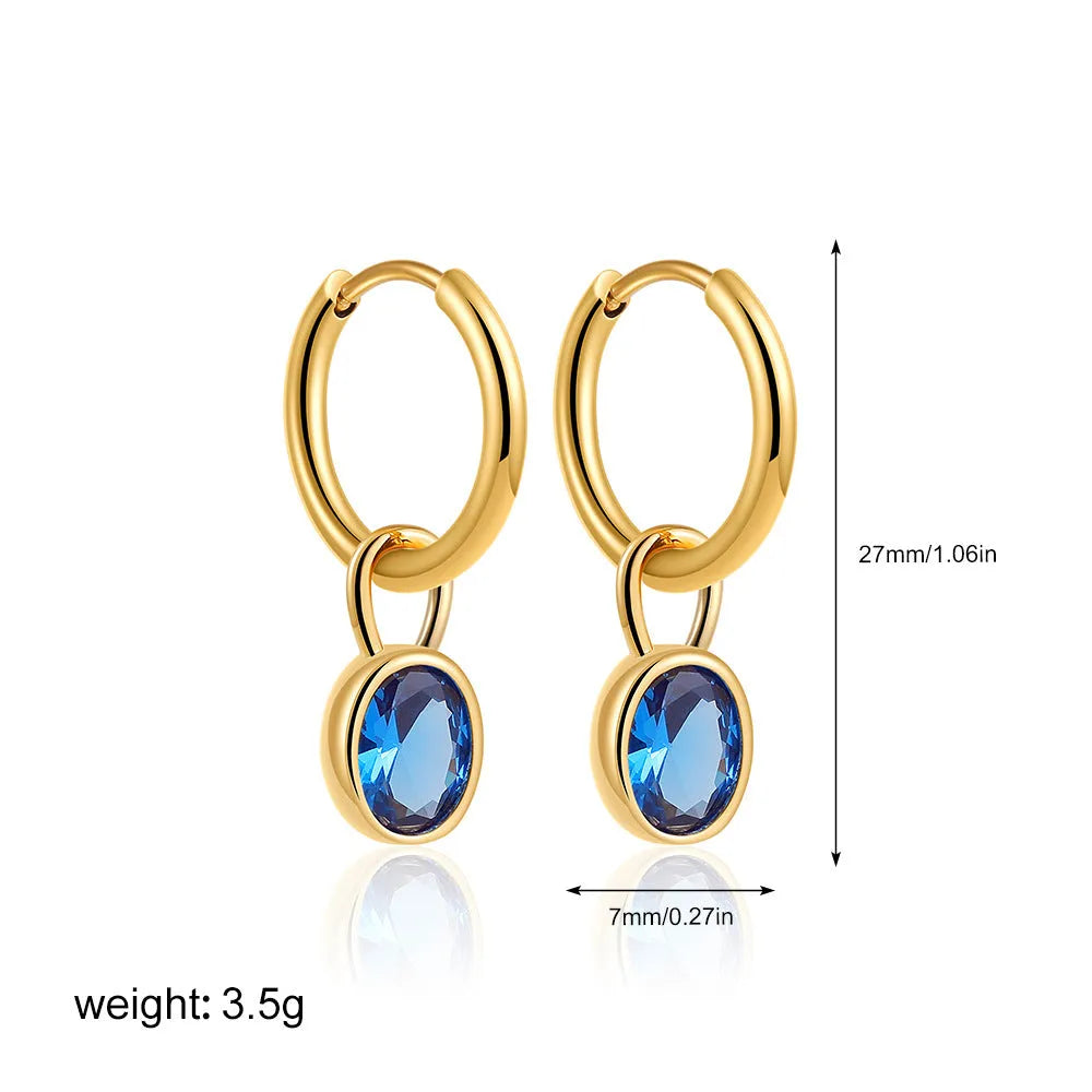 Women's retro simple oval zircon earrings in white, emerald, army green, black, red, blue copper base