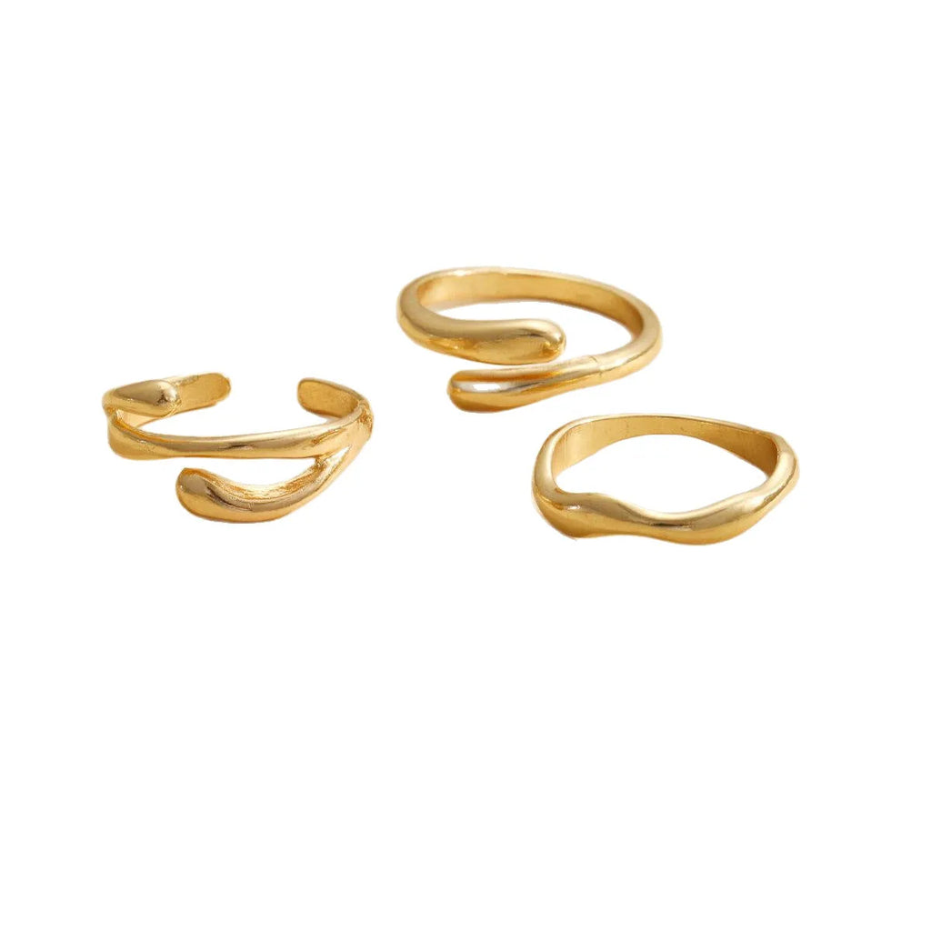 Women's irregular water drop ring suit 3-piece set in gold alloy on white background