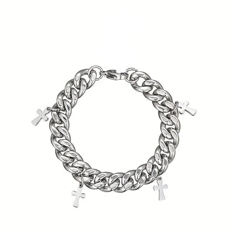 Titanium steel men's bracelet with geometric cross design in cold wind style
