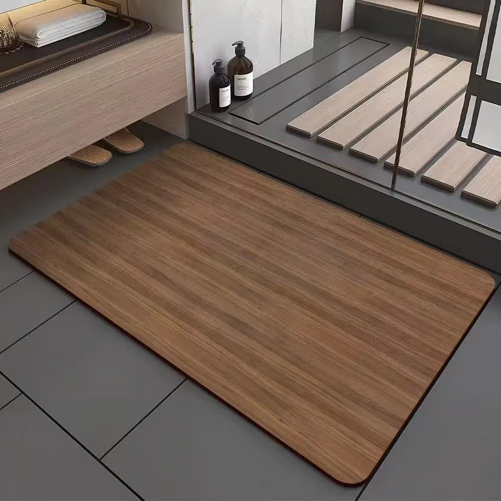 Square American-style floor mat with geometric wood grain pattern for bathroom doorway.