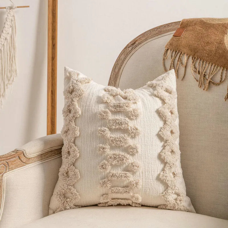 Decorative striped cushion cover with knitted tassel in a choice of six patterns and two sizes.