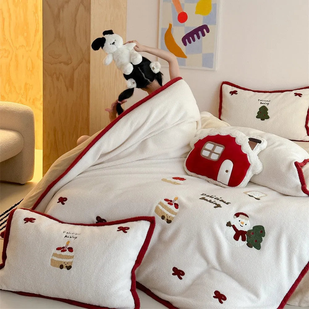 Cartoon heart pattern winter bedding four-piece set with quilt cover, bed sheet, and pillowcases