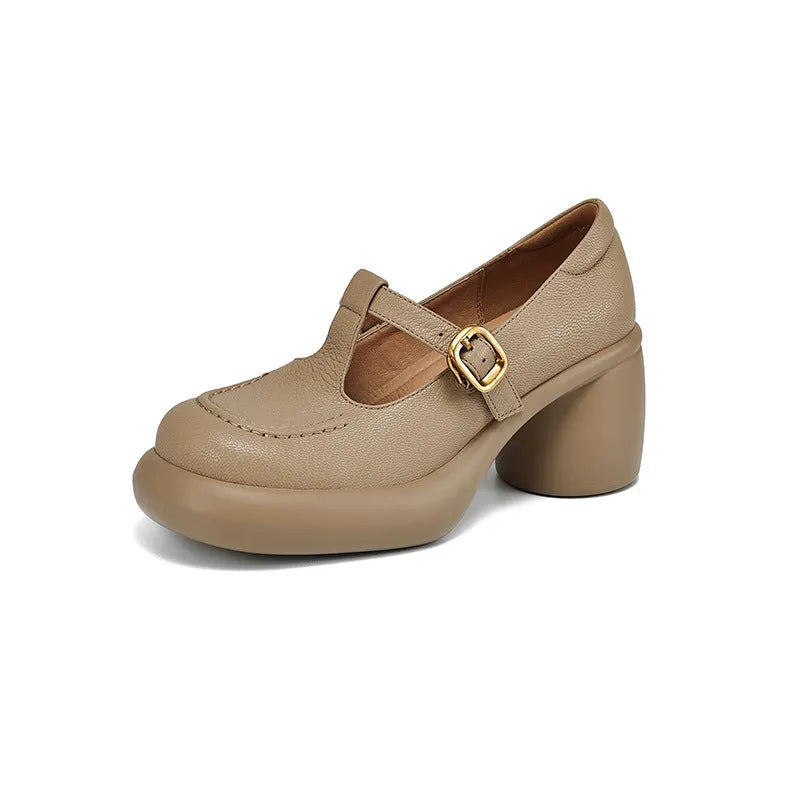 British style women's platform leather shoes in apricot colour with round toe and buckle strap