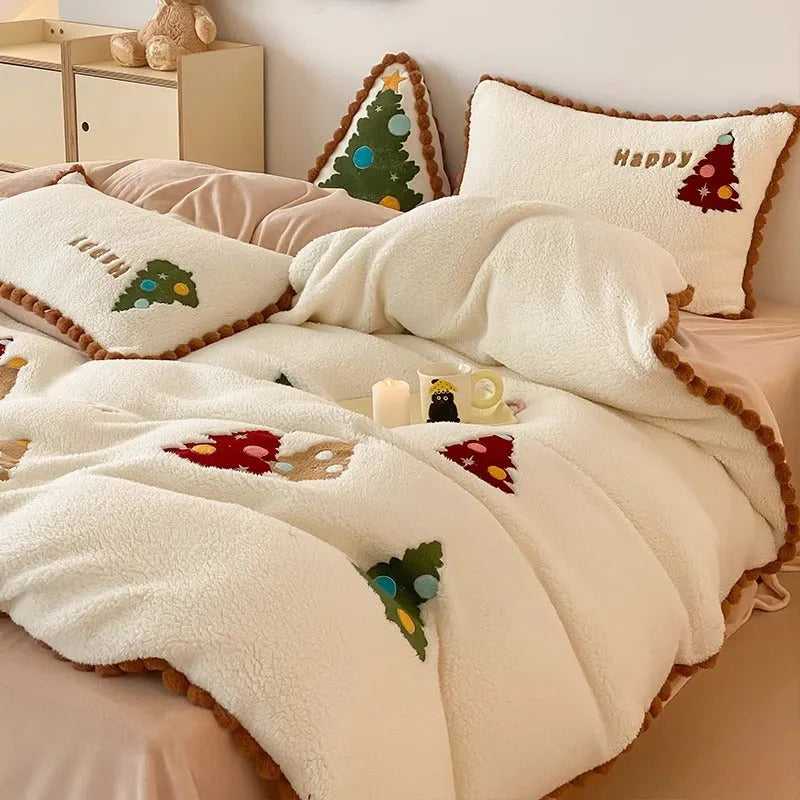 Bright yellow winter bedding set with Christmas tree pattern and fleece lining