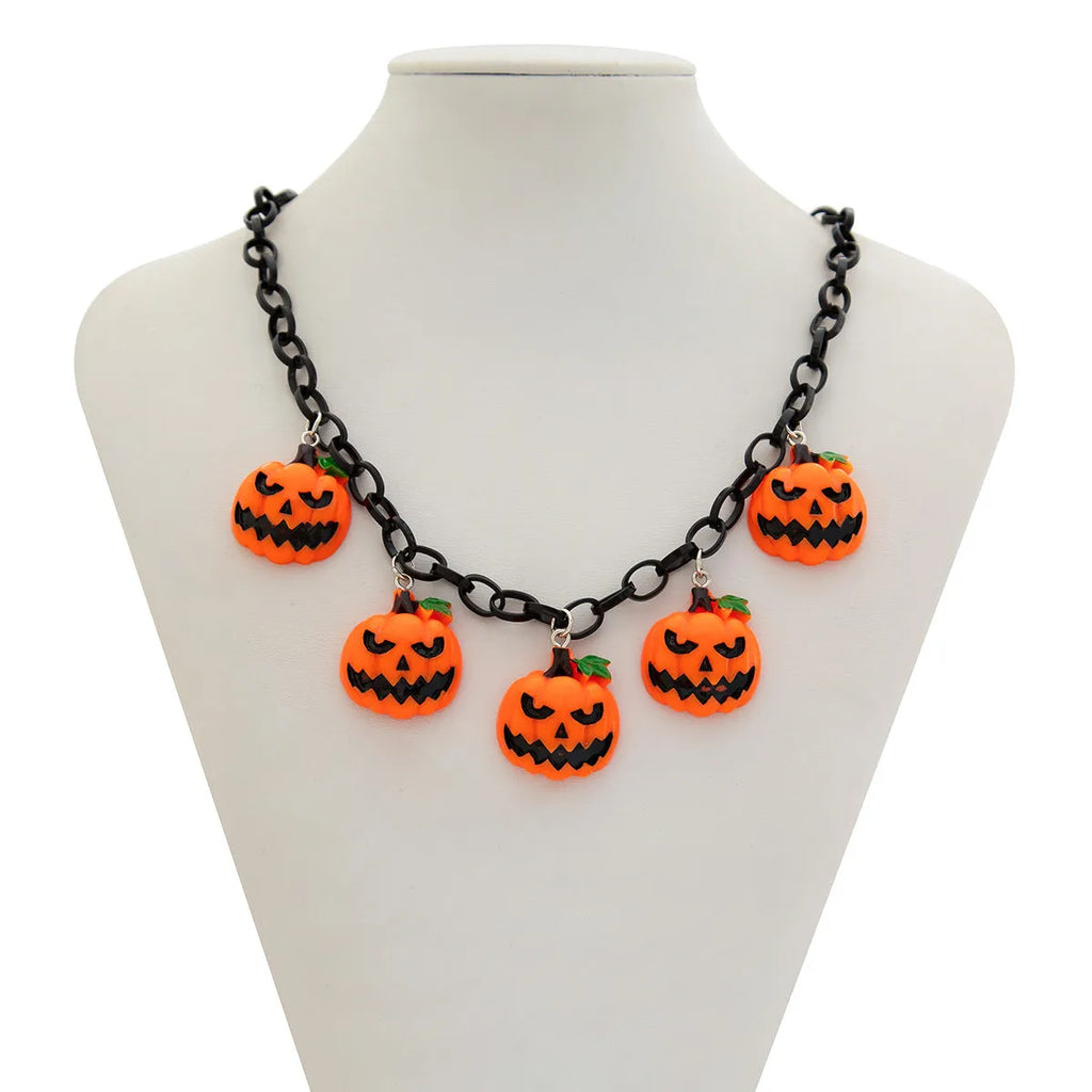 Halloween necklace with ghost and pumpkin acrylic pendant on regular chain in mixed colours