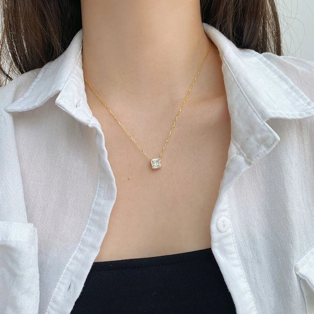 925 silver geometric pendant necklace with a 4 karat Ledean square white diamond on an adjustable clavicle chain, N166 platinum colour