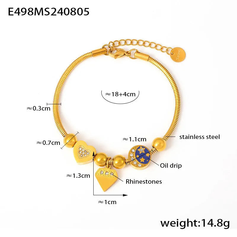 Gold stainless steel women's bracelet with heart-shaped geometric drop oil design on chain