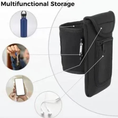 Cloth water bottle sleeve with magnetic clip in black, holding a large sports bottle