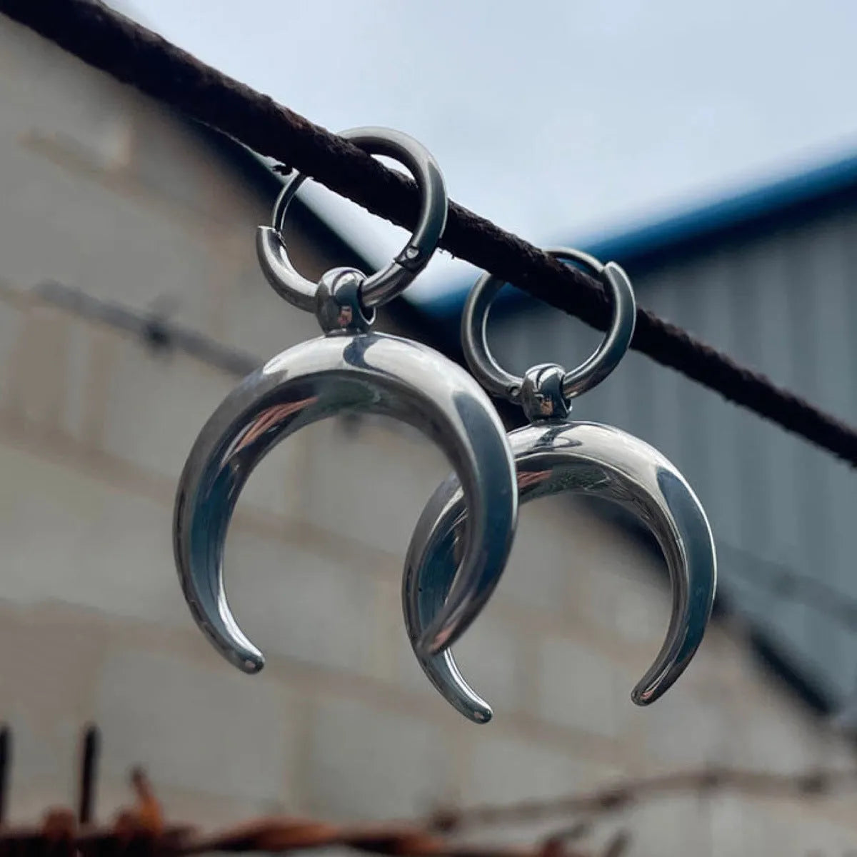 Silver geometric moon hoop earrings with clip-on back for punk gothic style