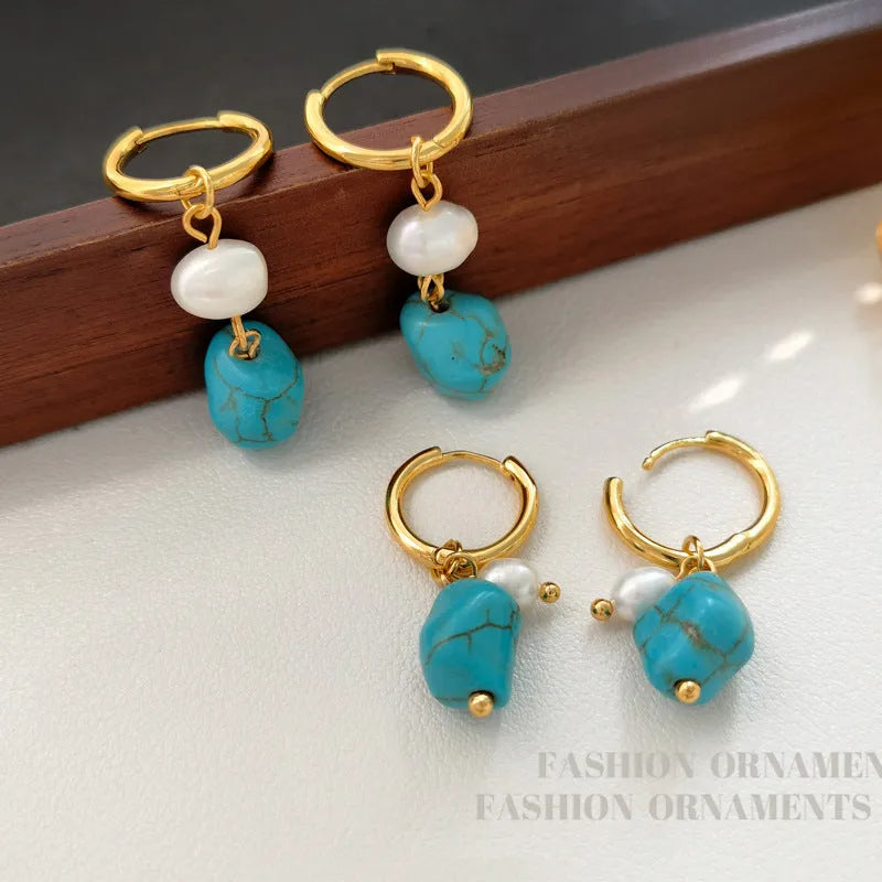 Geometric copper earrings with turquoise stones and cultured pearls, showing both short and long styles.