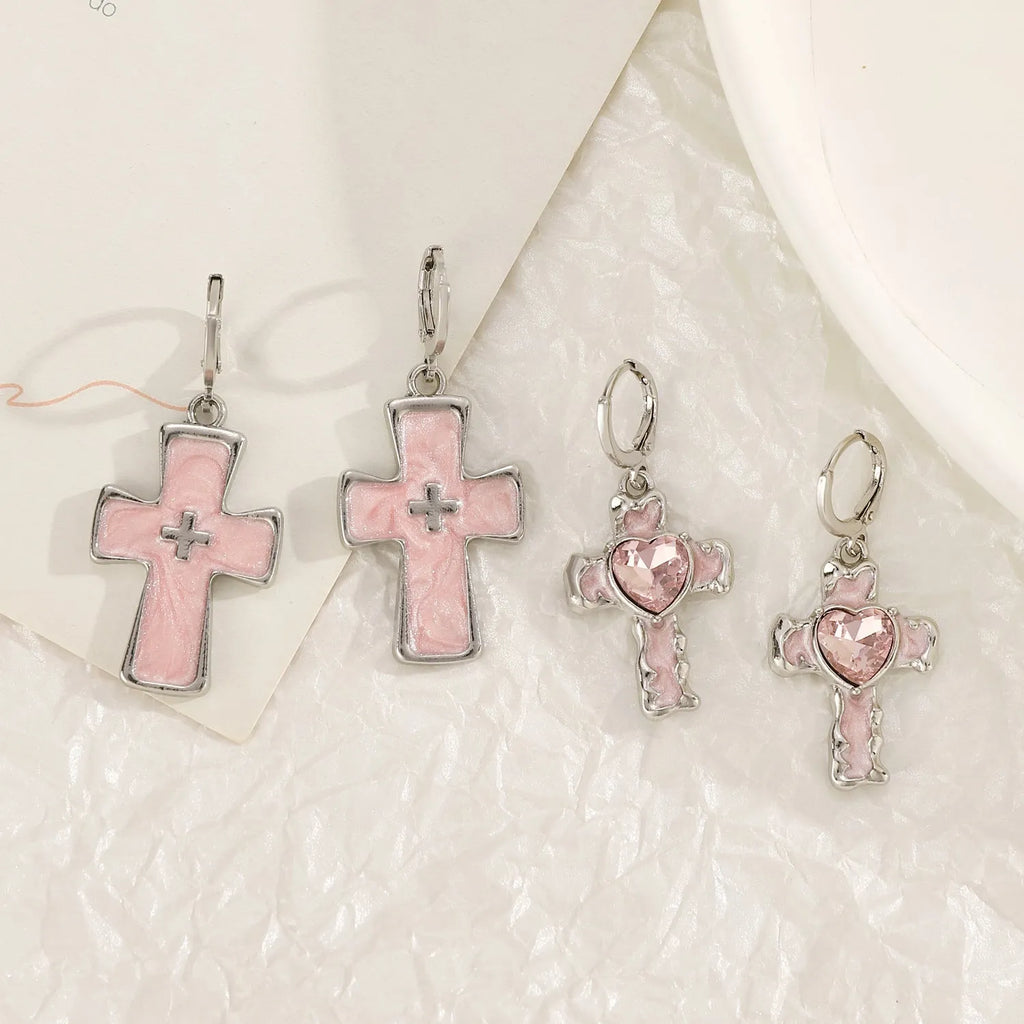 Women's alloy earrings with cross and heart designs in five colour variations including white, black cat, and antique silver