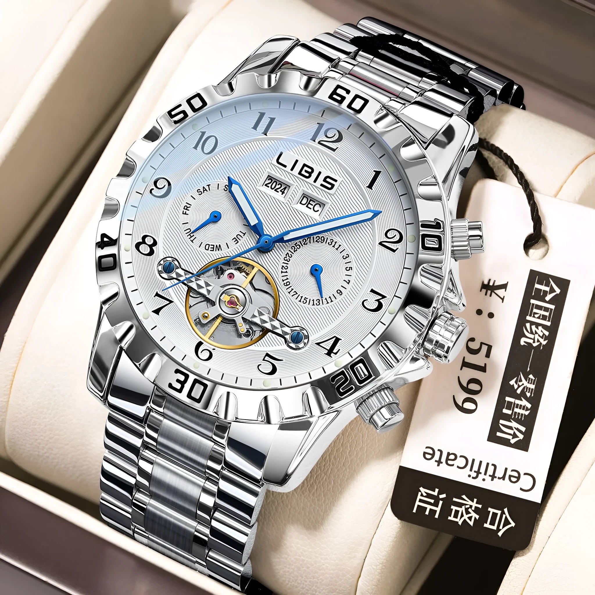 Men's silver steel automatic perpetual calendar mechanical watch with stainless steel strap and sapphire crystal