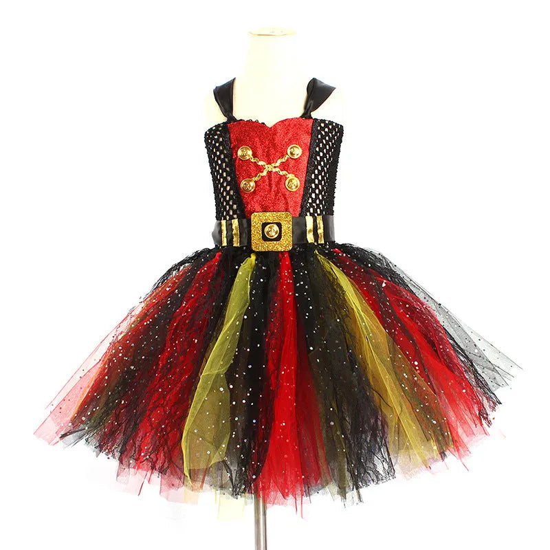 Girls sleeveless pirate costume dress with gauze mesh skirt, sequins, and lace detail