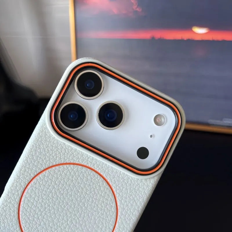 TPU magnetic phone case with litchi pattern texture in black, showing shockproof full-coverage fit for iPhone