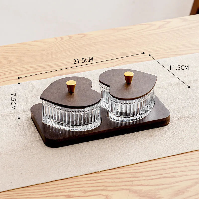 Glass fruit platter with transparent heart-shaped lids in mild luxury retro style with coloured glaze finish