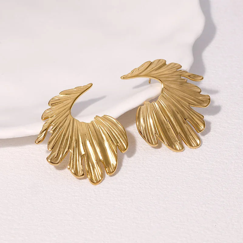 Stainless steel leaf stud earrings with electroplated gold or steel finish