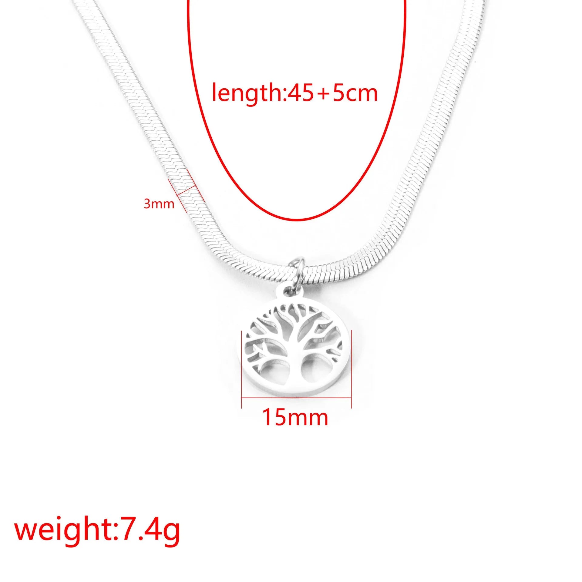 Stainless steel tree necklace with adjustable chain and U-shaped pendant in gold or steel colour