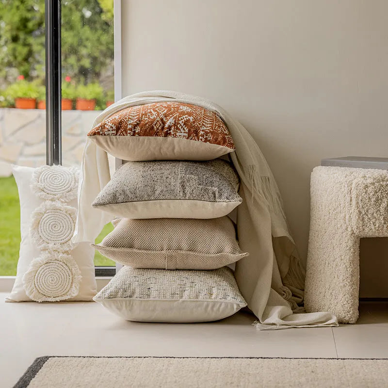 Solid colour decorative cushion with PP cotton filling on a sofa, shown in red coffee and plain colour options.