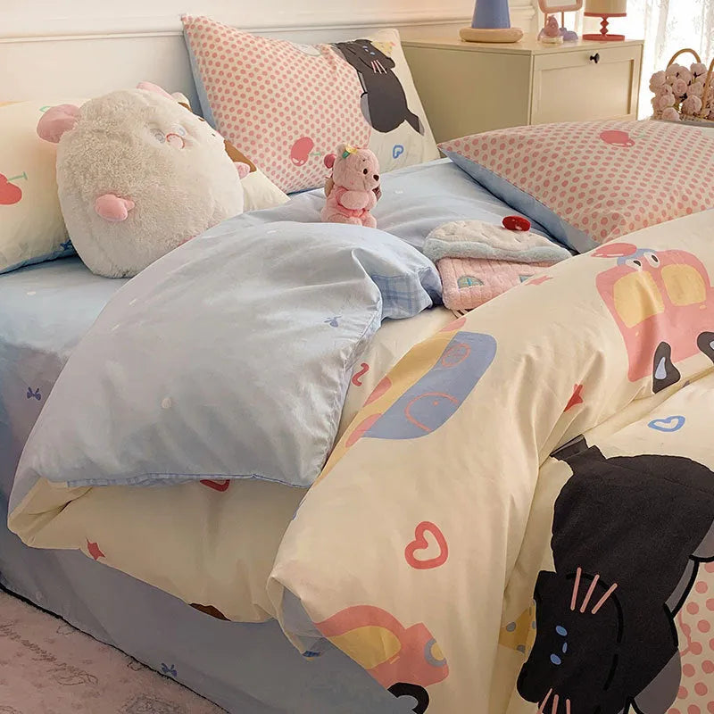 Cartoon dog pattern on a pure cotton duvet cover and pillowcases from a four-piece bedding set.