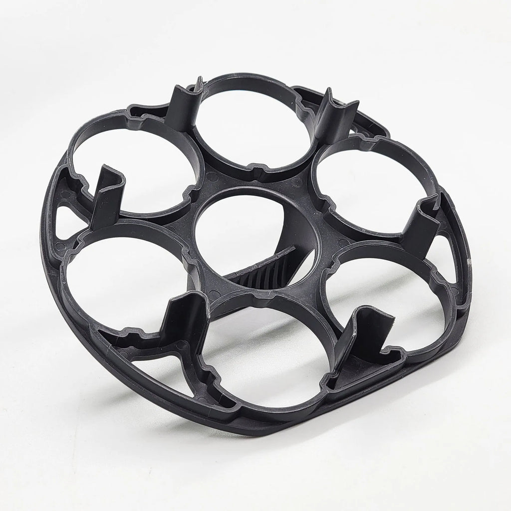 Black plastic egg holder basket with retainer system measuring 13.8cm