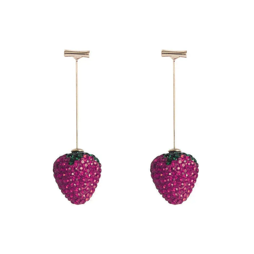 Pair of women's geometric strawberry charm earrings in zinc alloy, spot drill red finish.