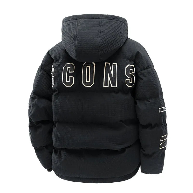 Men's black Korean style hooded winter coat with letter print detail and side pockets